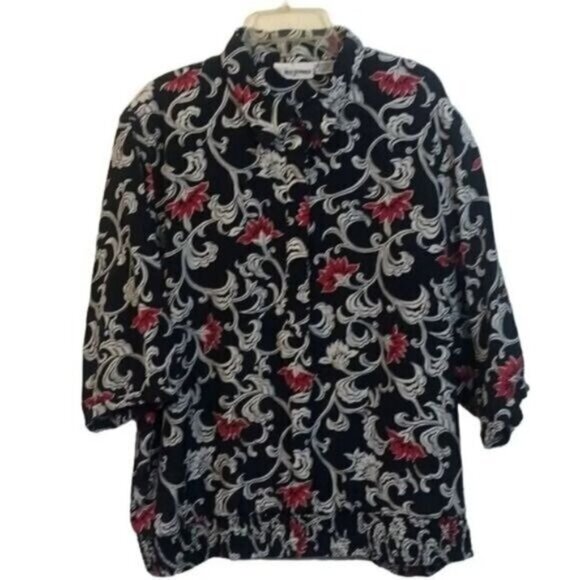 Alfred Dunner Floral Print Top Size 18 Button Down Black Red White - Picture 1 of 9